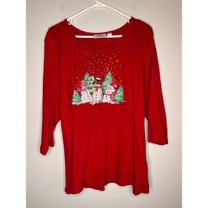 2000s Quacker Factory Red Snowmen Scenic Christmas Festive Sparkle Shirt XL